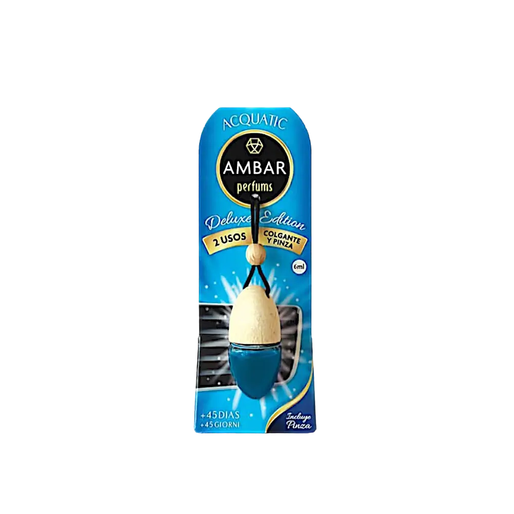 alt="Acquatic Deluxe - Carro Âmbar - Frasco do aroma para carro da linha Acquatic Deluxe com marca Âmbar"