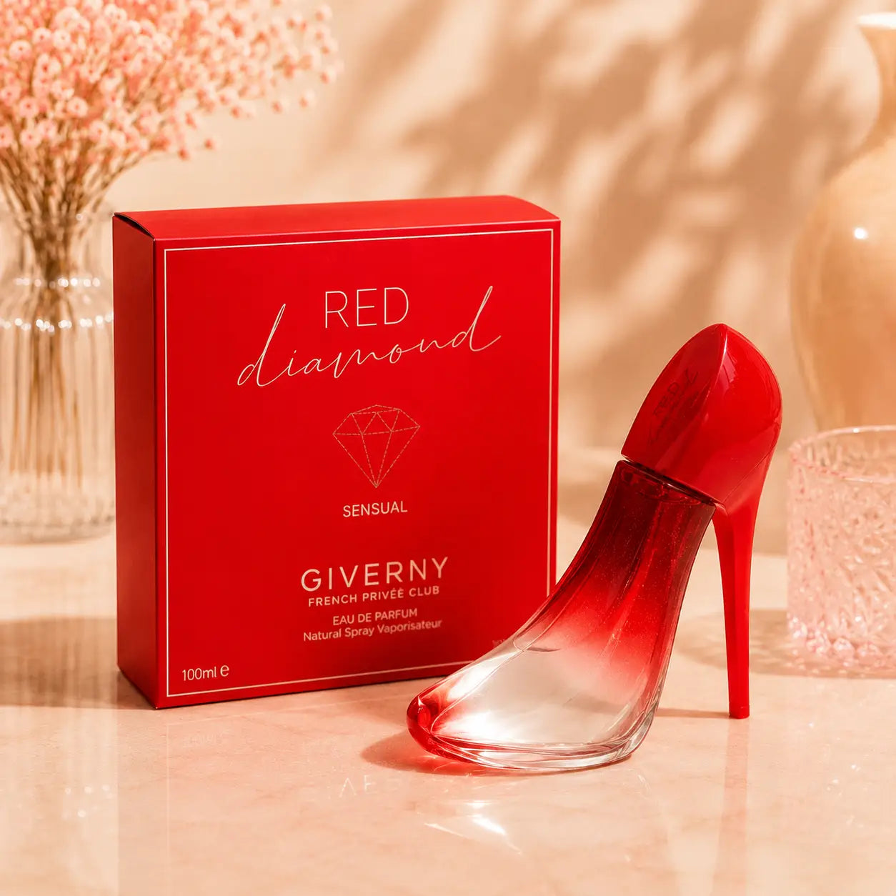Perfume feminino Red Diamond Giverny 100ml com frasco vermelho elegante em forma de salto