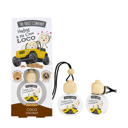 alt="Coco - Carro marca The Fruit Company - Aromatizante para automóvel com fragrância de côco, ideal para criar um ambiente fresco e tropical no interior do carro, proporcionando uma experiência de viagem agradável."