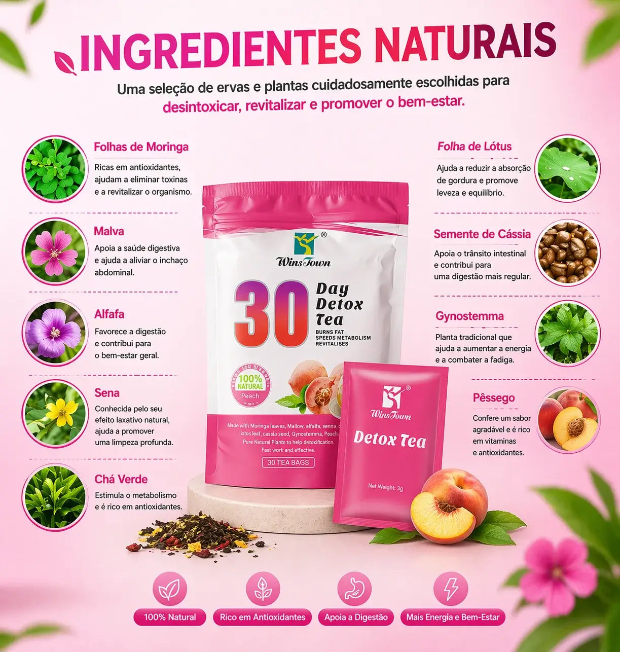 infusão detox sabor pêssego natural