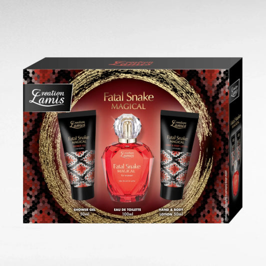 alt="Fatal Snake Magical Coffret - Conjunto inspirado no perfume Hypnotic Poison - Dior, com perfume genérico, gel de banho e creme de mãos e corpo, perfeito para presentes ou para si mesma."