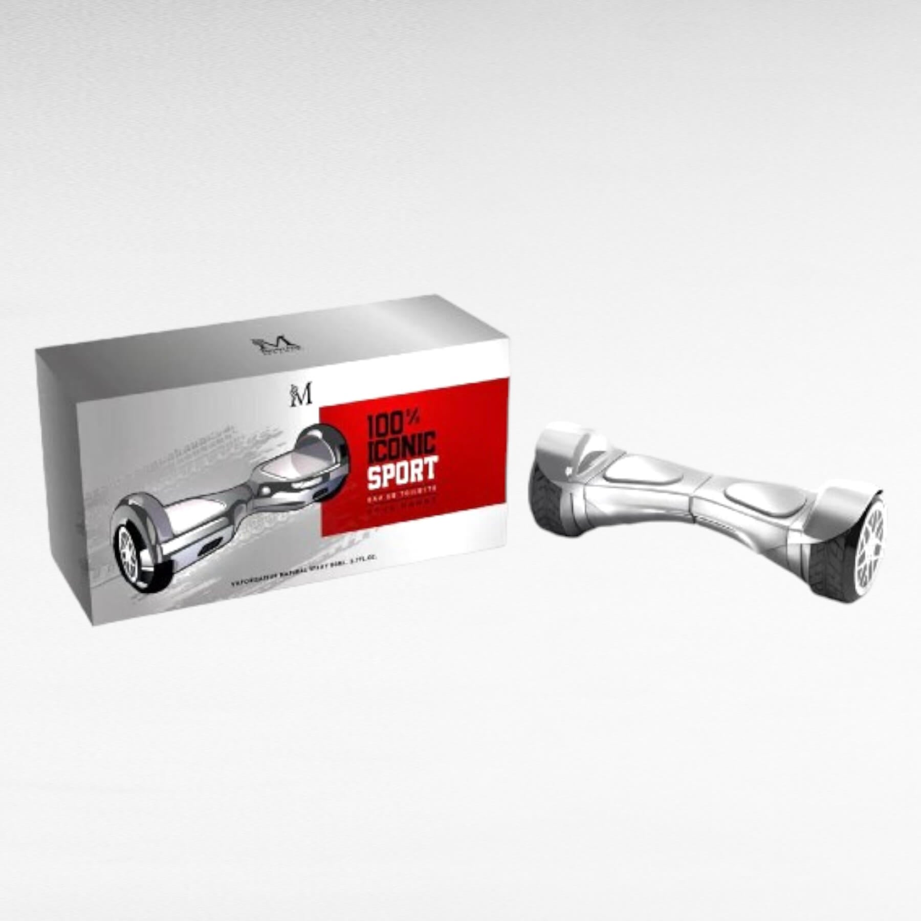 alt="100% Iconic Sport Mirage Masculino - Frasco do perfume em vidro com design desportivo e embalagem branca"