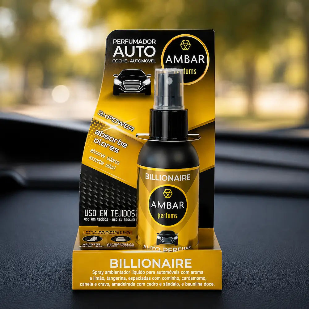 Ambientador para carro Bilionário Ambar Perfums spray absorve odores para tecidos automóvel
