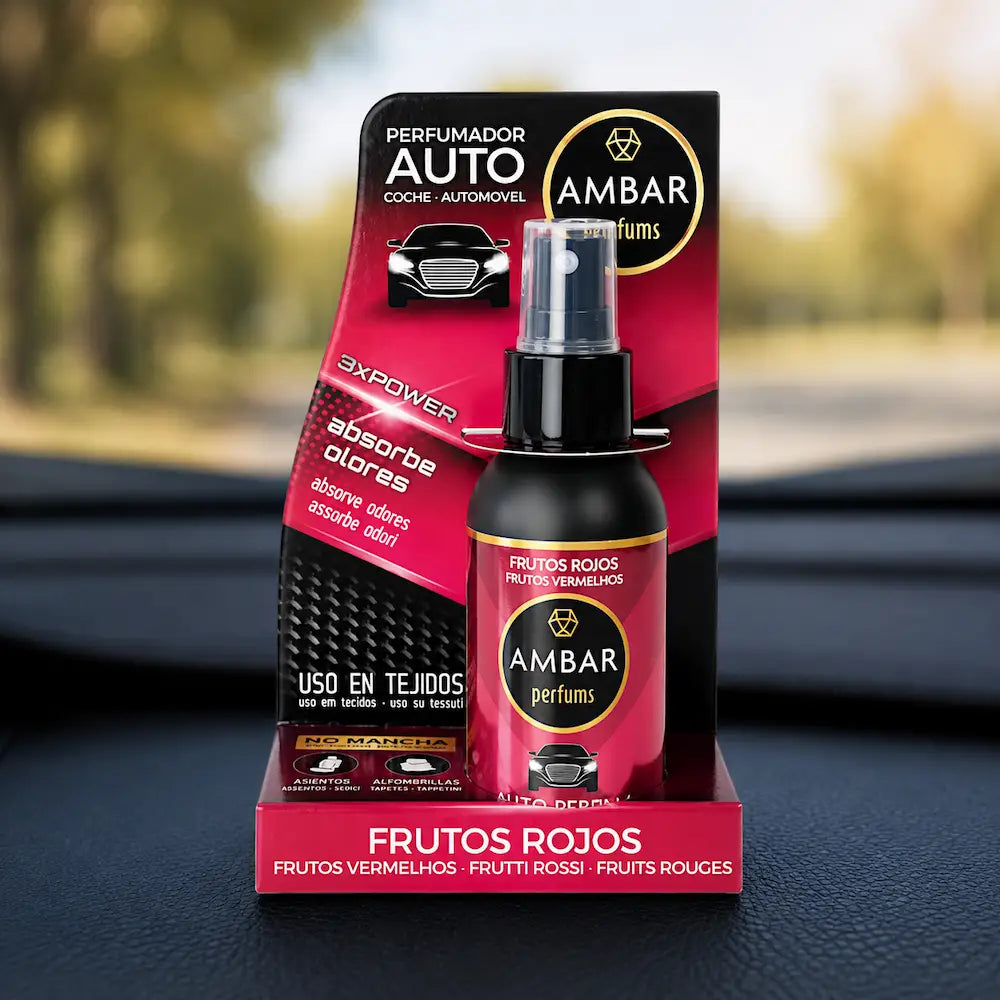 Ambientador para carro Frutos Vermelhos Ambar Perfums spray absorve odores para tecidos automóvel
