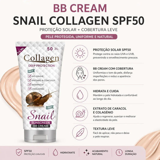 bb cream snail colagenio spf50 protecao solar cobertura leve hidratante pele uniforme natural informacao produto