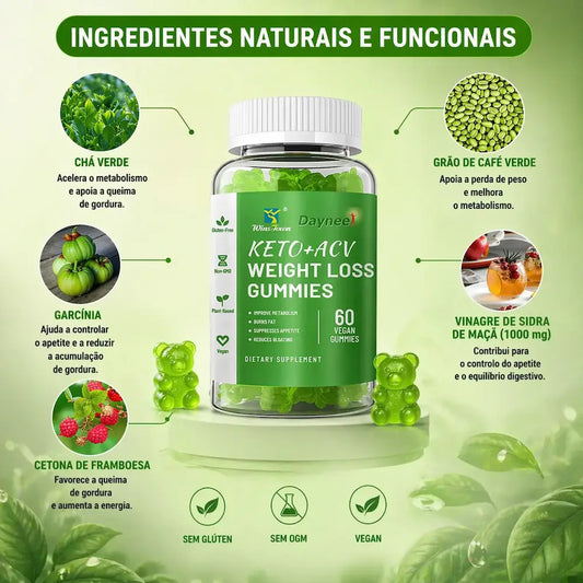 ingredientes gomas keto acv cha verde garcinia cetona framboesa vinagre maca metabolismo