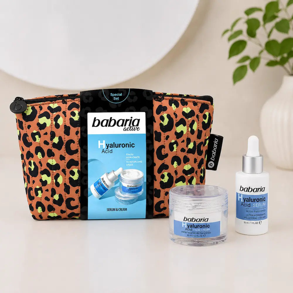 Coffret Babaria Ácido Hialurónico com bolsa reutilizável estampada, sérum facial e creme hidratante