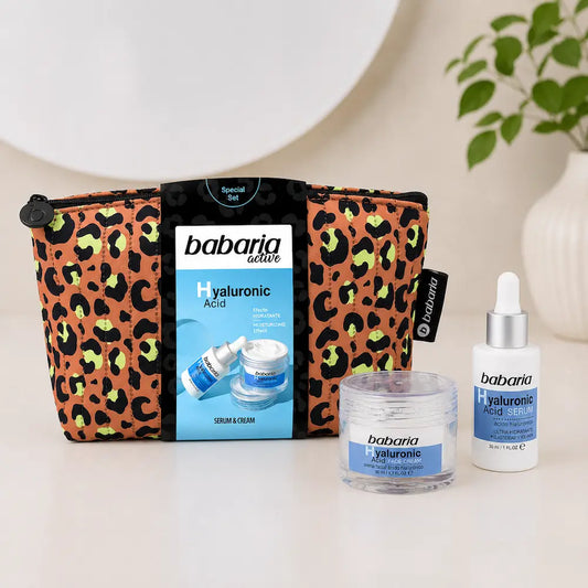 Coffret Babaria Ácido Hialurónico com bolsa reutilizável estampada, sérum facial e creme hidratante
