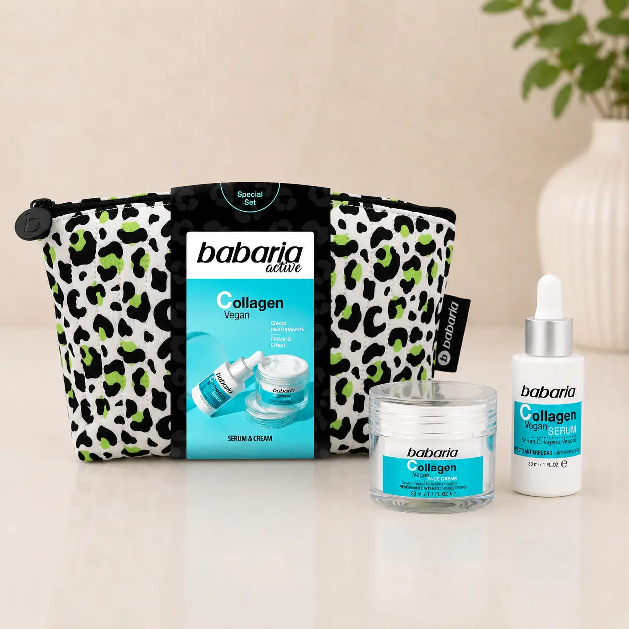 Coffret Collagénio Vegano Babaria com bolsa reutilizável e cuidados faciais reafirmantes
