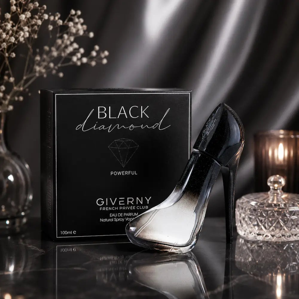Perfume feminino Black Diamond Giverny 100ml com frasco preto elegante em forma de salto