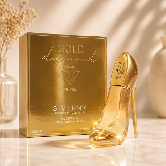 Perfume feminino Gold Diamond Giverny 100ml com frasco dourado em forma de salto elegante