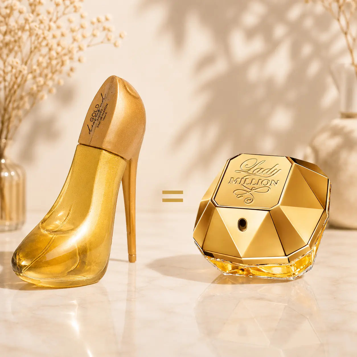 Perfume feminino Gold Diamond Giverny inspirado em Lady Million com design dourado elegante