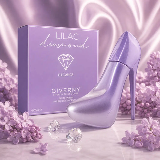 Perfume feminino Lilac Diamond Giverny 100ml com frasco em forma de salto lilás e caixa elegante