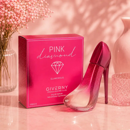 Perfume feminino Pink Diamond Giverny 100ml com frasco rosa elegante em forma de salto
