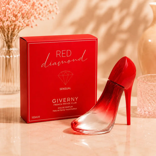 Perfume feminino Red Diamond Giverny 100ml com frasco vermelho elegante em forma de salto