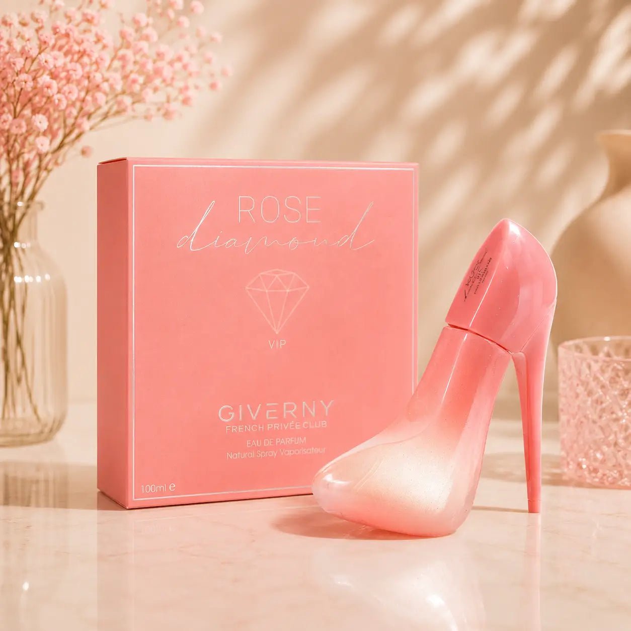 Perfume feminino Rosé Diamond Giverny 100ml com frasco rosa em forma de salto elegante