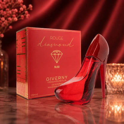 Perfume feminino Rouge Diamond Bliss Giverny 100ml com frasco vermelho elegante em forma de salto