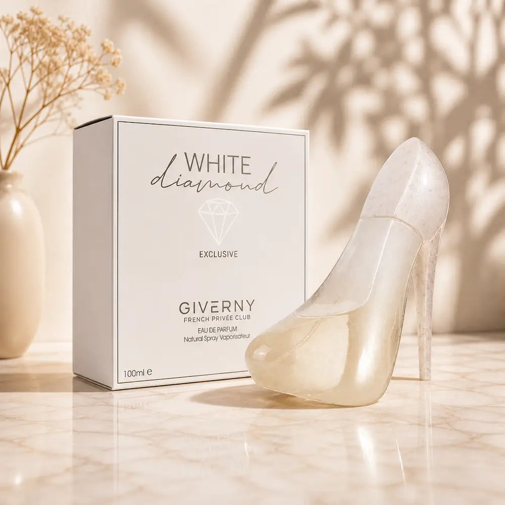 Perfume feminino White Diamond Giverny 100ml com frasco em forma de salto branco elegante