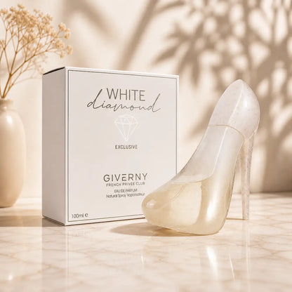 Perfume feminino White Diamond Giverny 100ml com frasco em forma de salto branco elegante