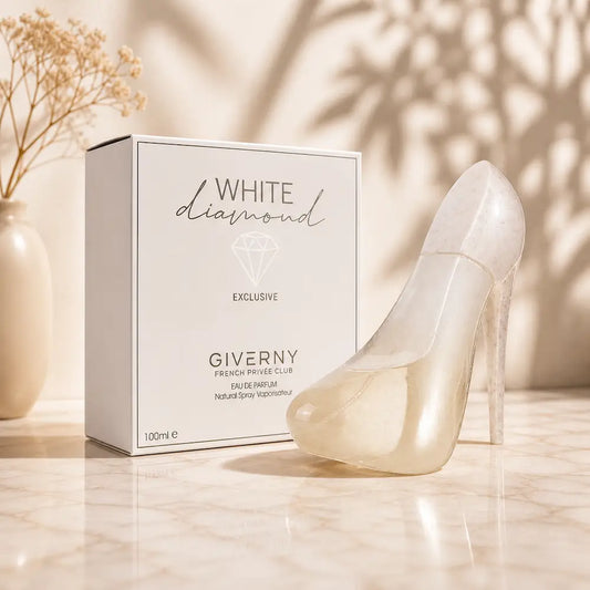 Perfume feminino White Diamond Giverny 100ml com frasco em forma de salto branco elegante
