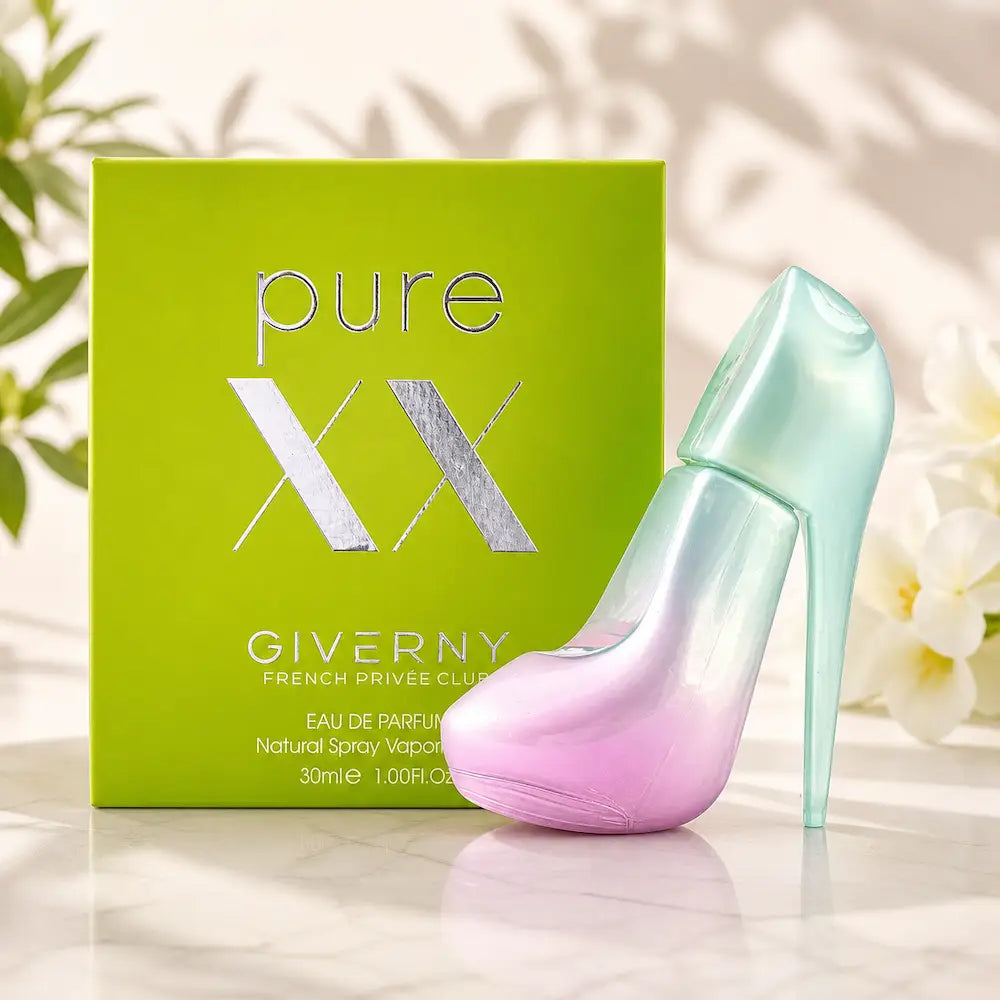 Perfume feminino XX Pure Giverny 30ml com frasco em forma de salto degradé verde e rosa