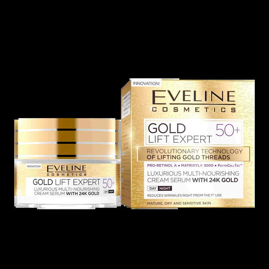 alt="Creme de Rosto Gold Lift Expert 50+ marca Eveline - Creme facial antienvelhecimento enriquecido com partículas de ouro e colagénio, especialmente formulado para pele madura, ideal para hidratar, reduzir rugas profundas e restaurar a firmeza, proporcionando um efeito lifting e uma aparência radiante."