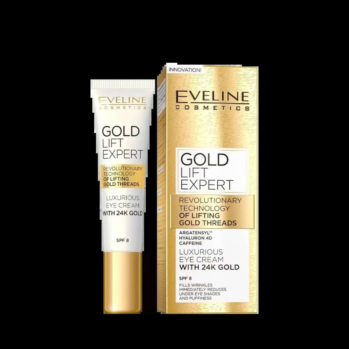 alt="Creme de Contorno de Olhos e Pálpebras Gold Lift Expert marca Eveline - Creme anti-idade formulado para suavizar linhas finas e rugas, ideal para levantar e revitalizar a área dos olhos, proporcionando um olhar mais jovem e radiante."