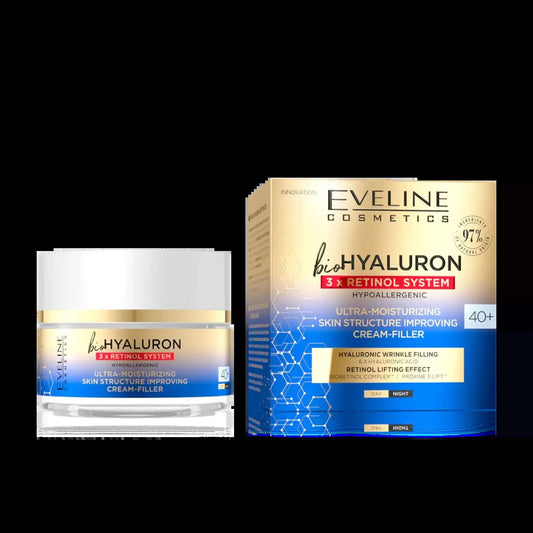 alt="Creme de Rosto Bio Hyaluron 3X Retinol System 40+ marca Eveline - Creme facial antienvelhecimento enriquecido com ácido hialurónico e retinol, formulado para pele madura, ideal para hidratar, firmar e reduzir visivelmente as rugas, promovendo uma aparência rejuvenescida e radiante."