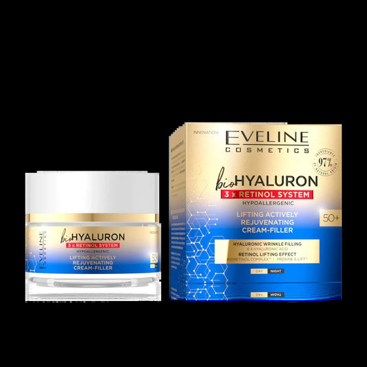 alt="Creme de Rosto Bio Hyaluron 3X Retinol System 50+ marca Eveline - Creme facial antienvelhecimento formulado com ácido hialurónico e retinol, especialmente desenvolvido para pele madura, ideal para hidratar, suavizar rugas e melhorar a elasticidade, promovendo uma aparência rejuvenescida e luminosa."