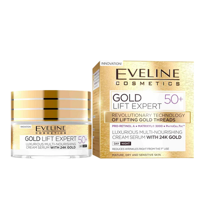 alt="Creme de Rosto Gold Lift Expert 50+ marca Eveline - Creme facial antienvelhecimento enriquecido com partículas de ouro e colagénio, especialmente formulado para pele madura, ideal para hidratar, reduzir rugas profundas e restaurar a firmeza, proporcionando um efeito lifting e uma aparência radiante."