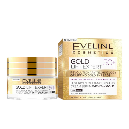 alt="Creme de Rosto Gold Lift Expert 50+ marca Eveline - Creme facial antienvelhecimento enriquecido com partículas de ouro e colagénio, especialmente formulado para pele madura, ideal para hidratar, reduzir rugas profundas e restaurar a firmeza, proporcionando um efeito lifting e uma aparência radiante."