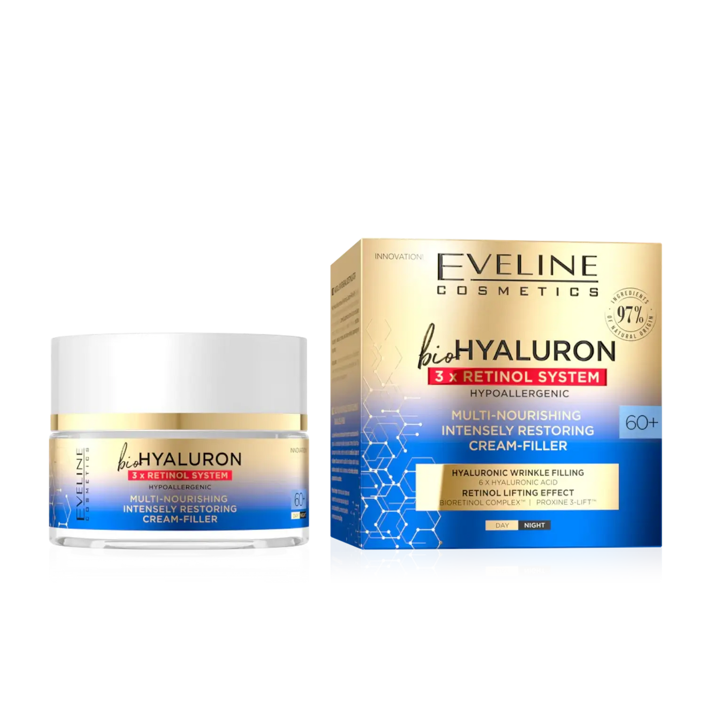 alt="Creme de Rosto Bio Hyaluron 3X Retinol System 60+ marca Eveline - Creme facial antienvelhecimento enriquecido com ácido hialurónico e retinol, especialmente formulado para pele madura, ideal para proporcionar hidratação profunda, reduzir rugas e melhorar a firmeza, promovendo uma aparência jovem e radiante."