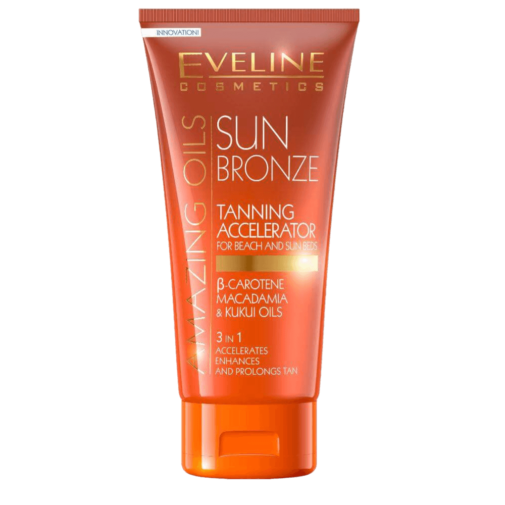 alt="Eveline Cosmetics - Acelerador de Bronzeador 3 em 1 - Embalagem do acelerador de bronzeado com fórmula 3 em 1"