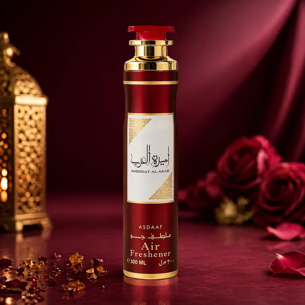 ambientador spray arabe ameerat al arab luxo fragrancia elegante frasco vermelho dourado
