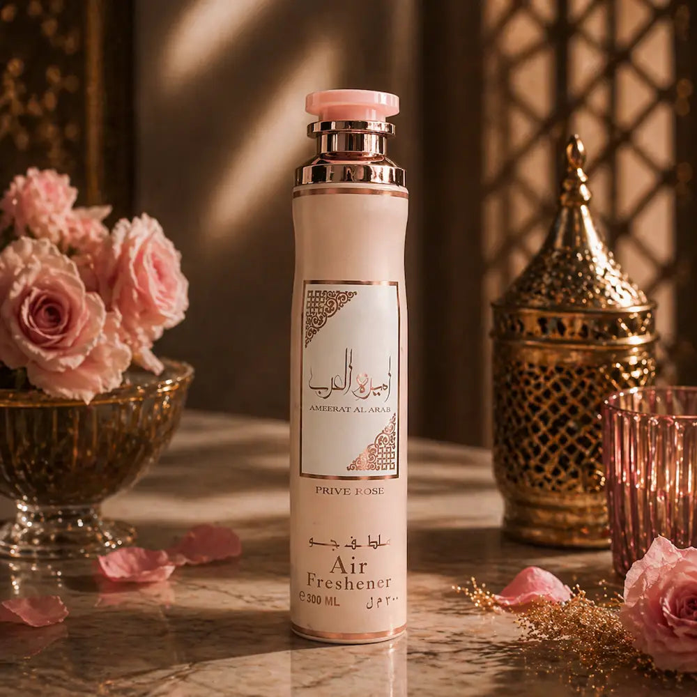 ambientador spray árabe prive rose fragrância floral elegante rosa frasco rosa dourado