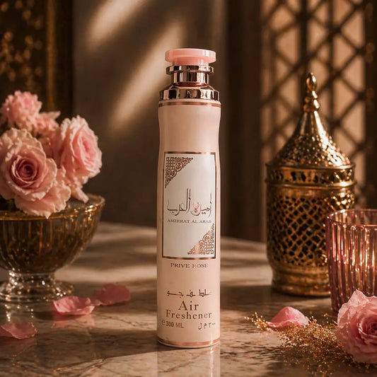 ambientador spray árabe prive rose fragrância floral elegante rosa frasco rosa dourado