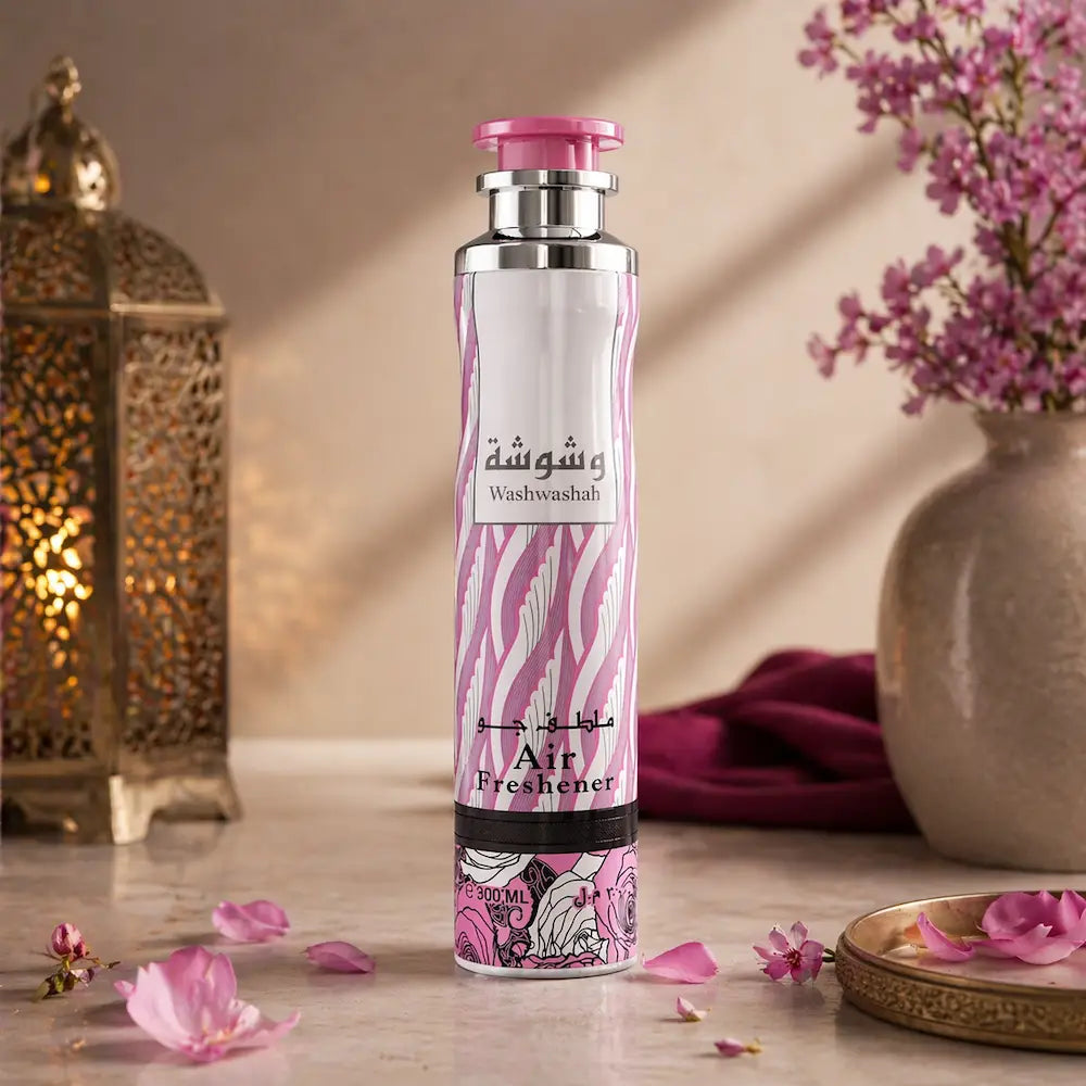 ambientador spray arabe washwashah fragrancia doce floral frasco rosa elegante