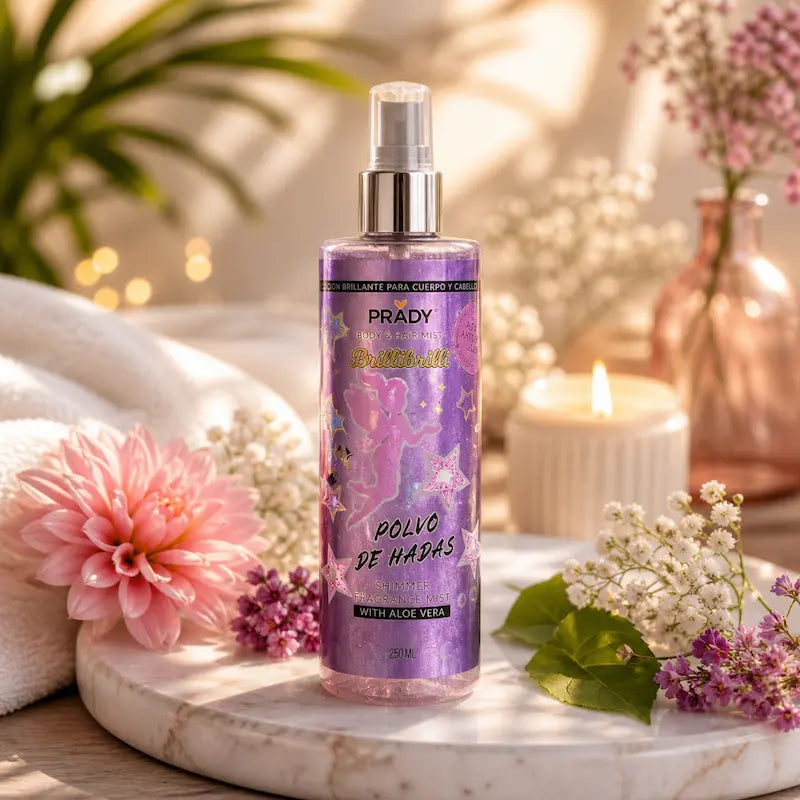 bruma corporal prady polvo de hadas brilho perfume floral fundo spa