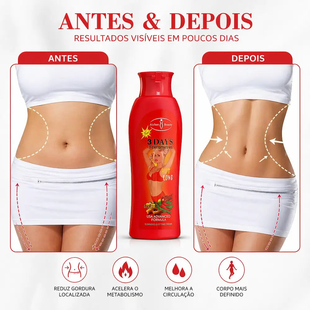 comparação antes e depois de uso de creme redutor corporal para firmeza da pele