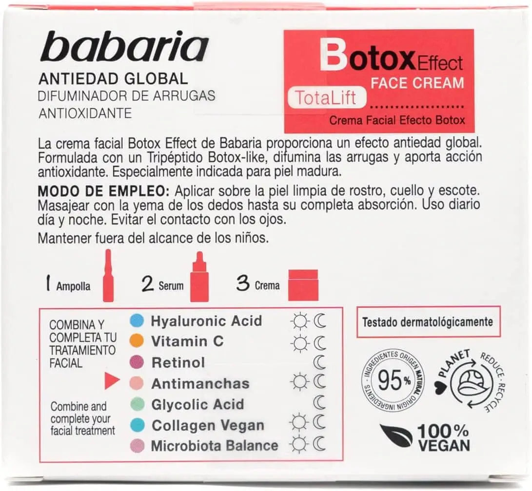 caixa creme facial babaria botox effect totallift anti idade 50ml embalagem traseira