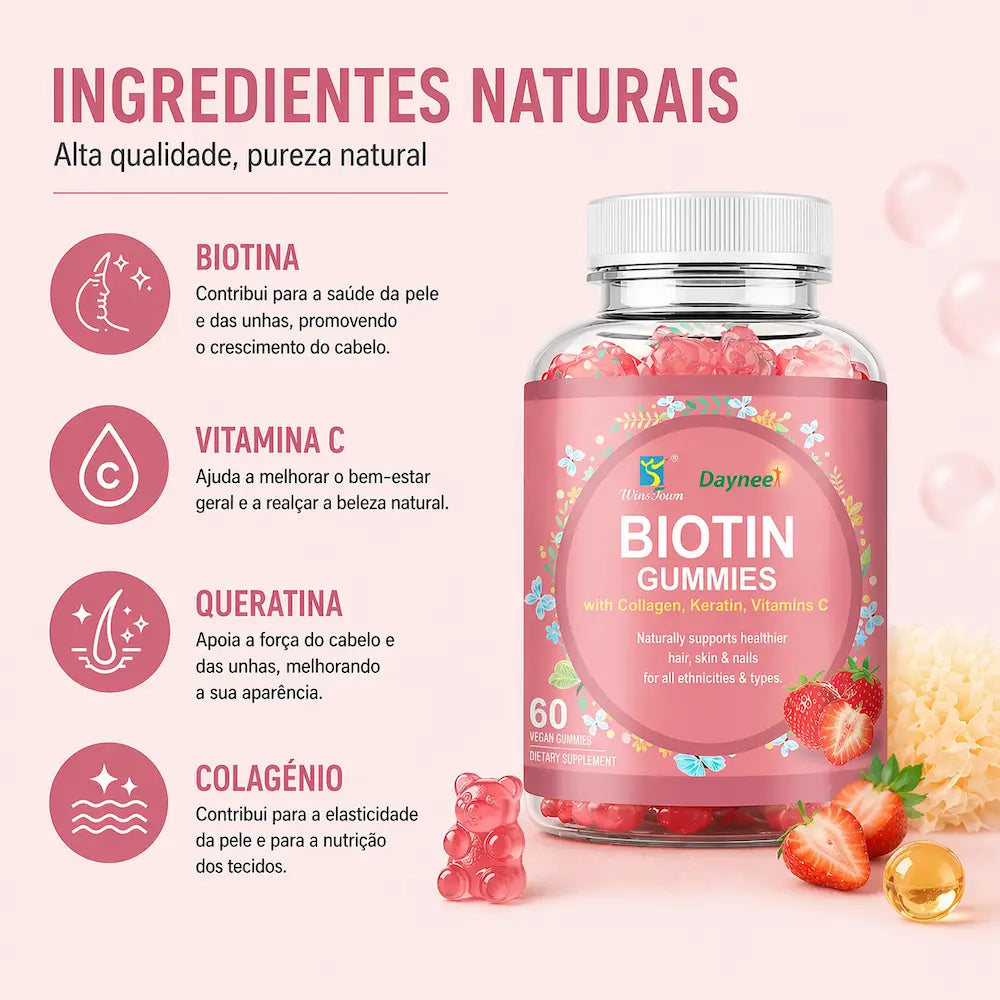 ingredientes naturais de suplemento com biotina vitamina c queratina e colagenio