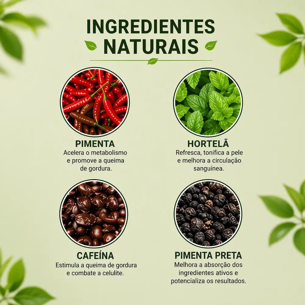 ingredientes naturais de creme anti celulite como cafeína hortelã e pimenta