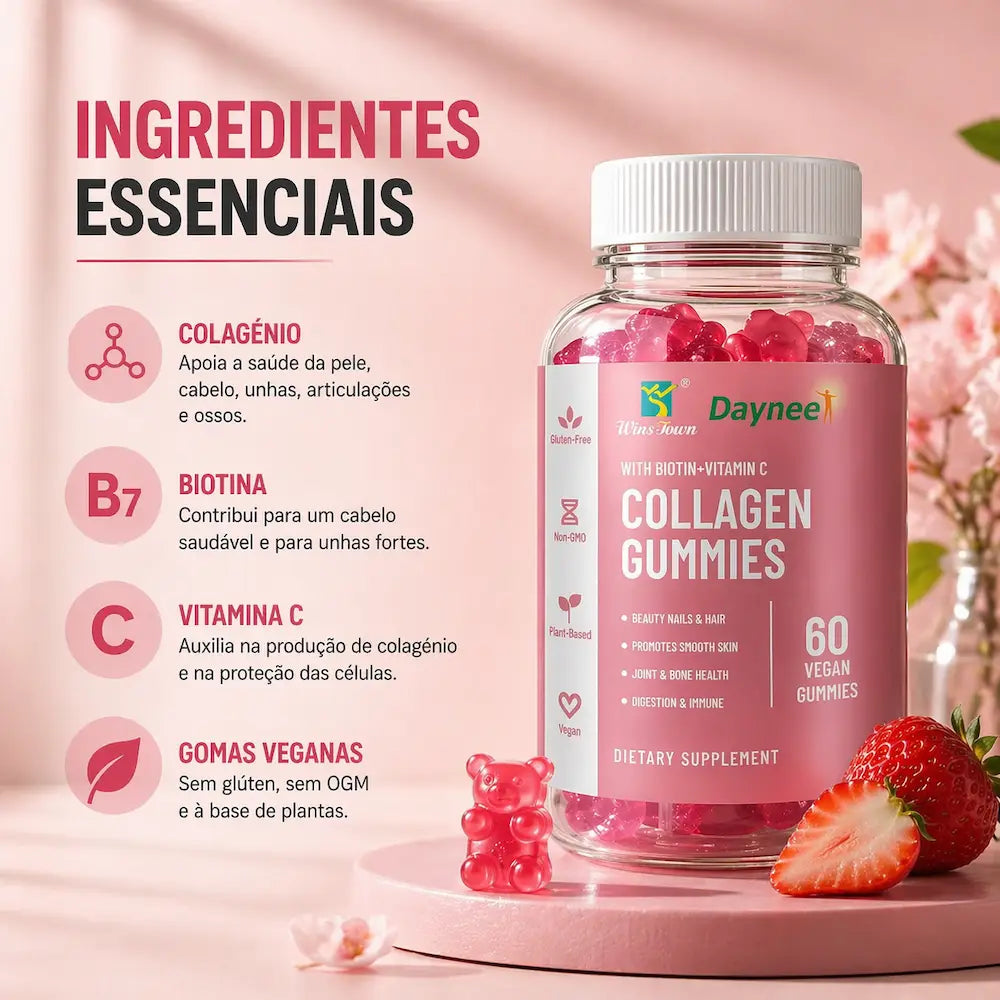 gomas de colagénio com sabor a morango suplemento com biotina vitamina c 60 gomas