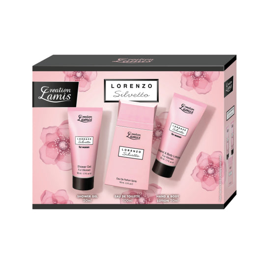 Conjunto Lorenzo Silvetto Creation Lamis feminino com perfume 100ml, gel de banho 50ml e loção corporal 50ml