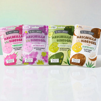 Set de mascarillas de hidrogel frutales con aguacate, uva, pitaya y coco.