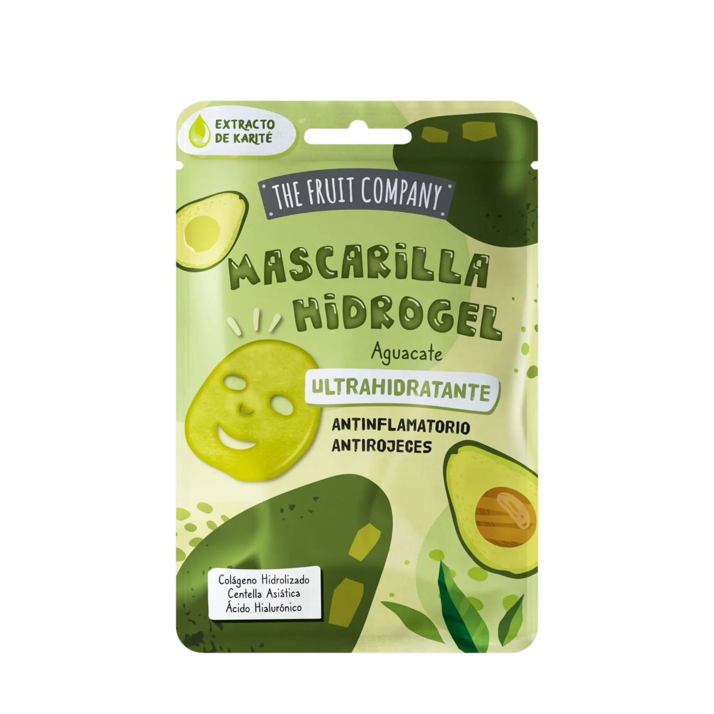 Set de mascarillas de hidrogel frutales con aguacate, uva, pitaya y coco.