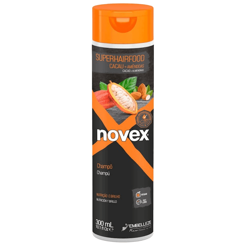 alt="Champô - Superfood Cacau & Amêndoas marca Novex - Fórmula enriquecida com cacau e amêndoas, formulada para crianças, ideal para hidratar, nutrir e suavizar o cabelo, proporcionando um toque macio e brilho saudável."