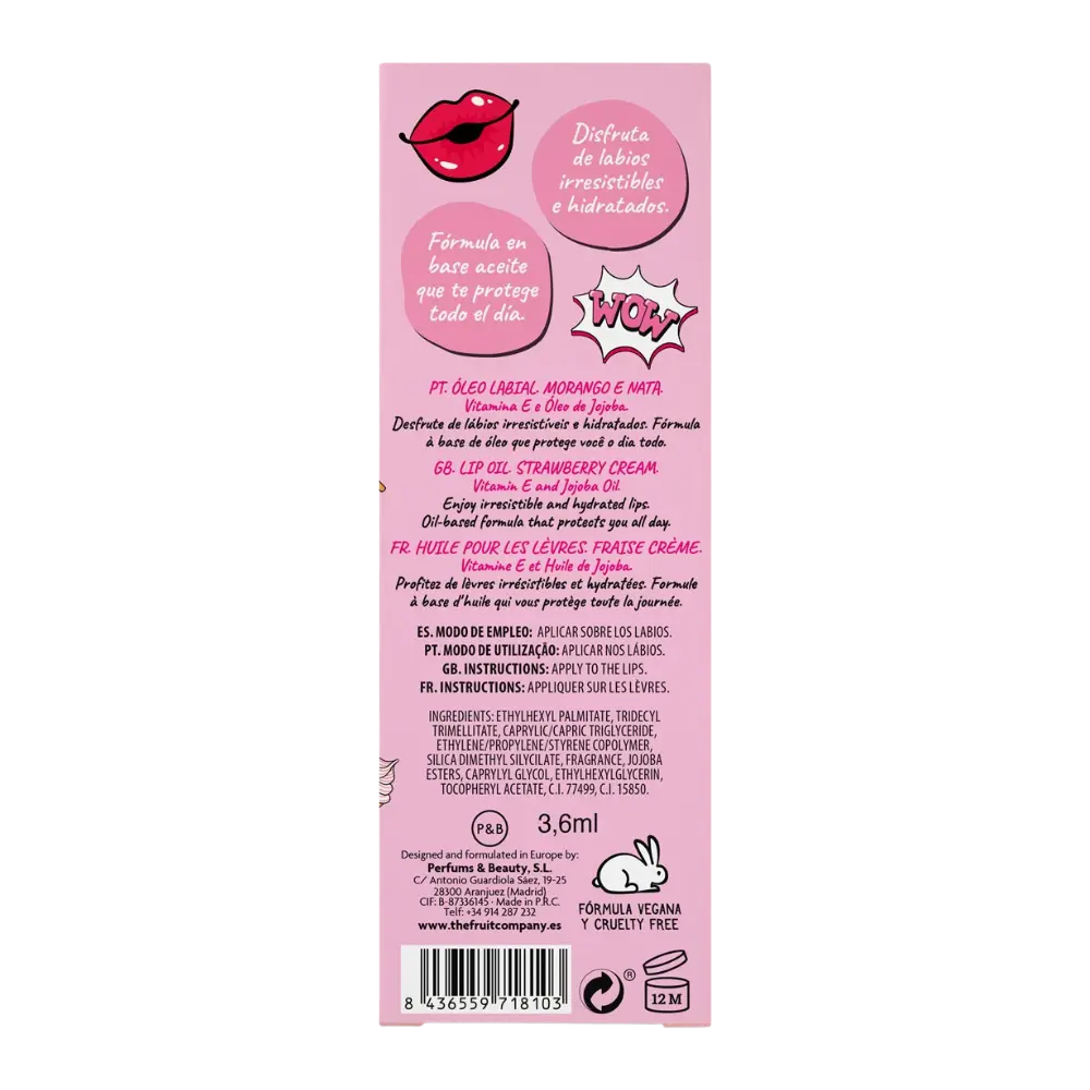 Óleo labial hidratante Morango e Nata The Fruit Company com vitamina E e óleo de jojoba