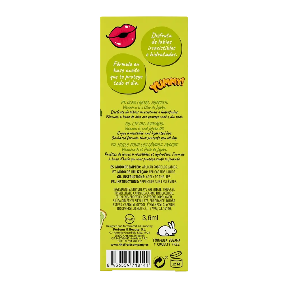 Óleo labial hidratante de abacate The Fruit Company com vitamina E e óleo de jojoba