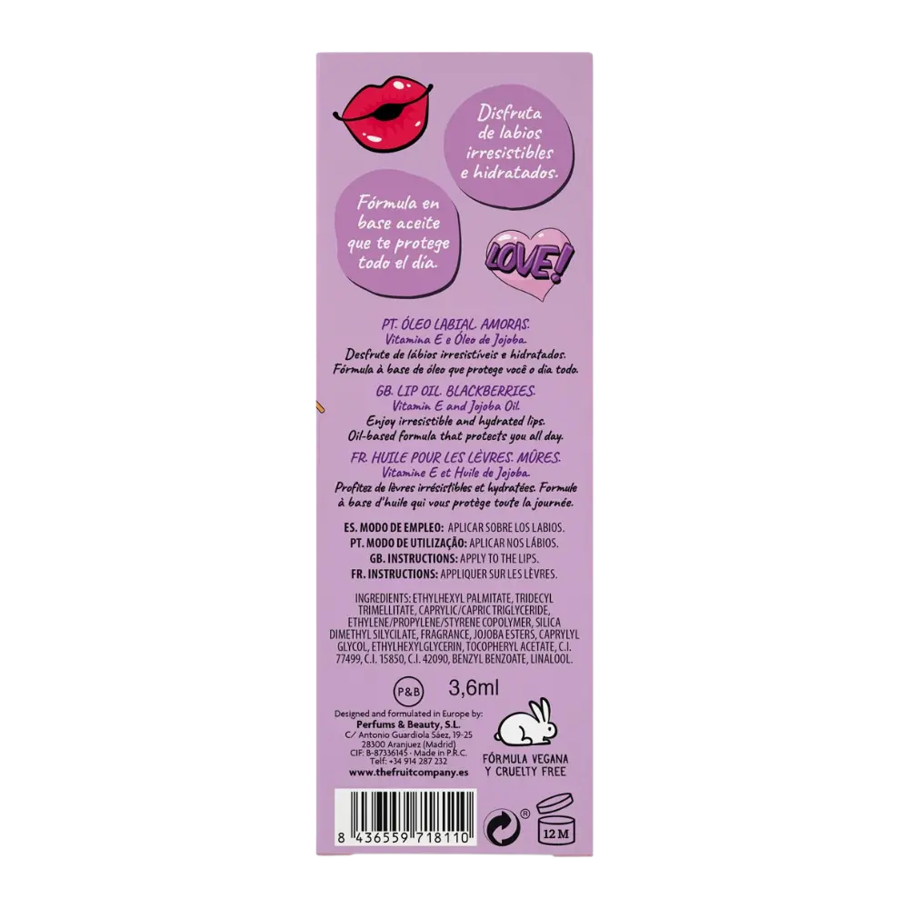 Óleo labial hidratante de amora The Fruit Company com vitamina E e óleo de jojoba